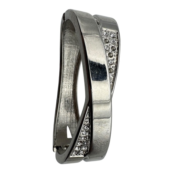 Silver-Tone Crossover Hinged Bangle Bracelet‎ with Rhinestone Accents - Picture 3 of 8